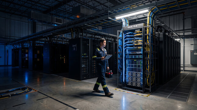 IT technician walking through a modern data center server room