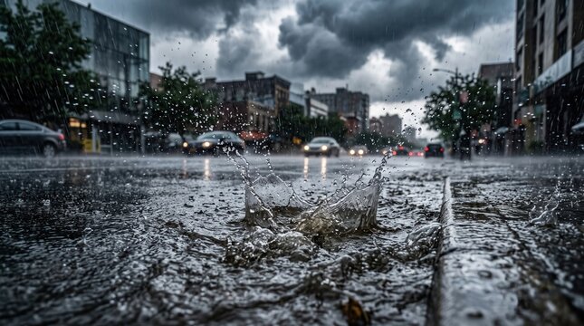 Heavy rain falls on a city street, with water splashing on the pavement and dark storm clouds overhead.