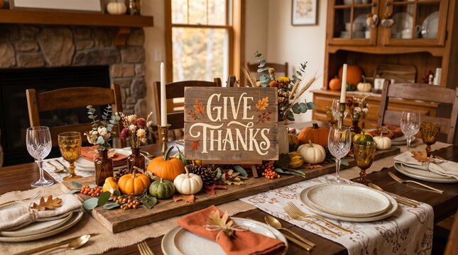 Thanksgiving dinner table setting with Give Thanks sign and pumpkins