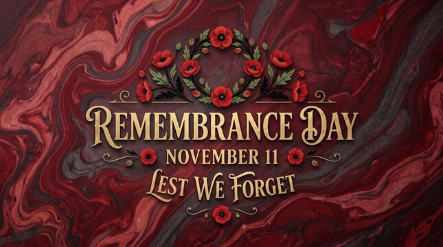 Remembrance Day commemorative banner with red poppy flowers and gold text