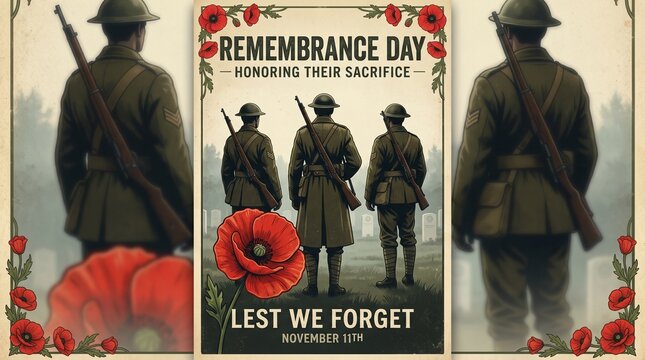 Remembrance Day poster with soldiers and red poppy flowers