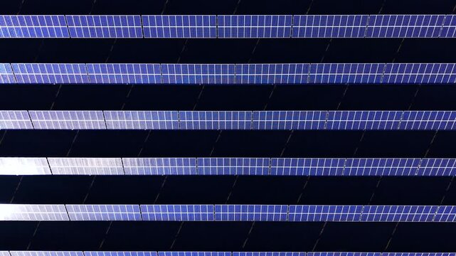 Aerial rows of solar panels stretch horizontally. Parallel panel lines, dark frames and thin grass gaps between rows.