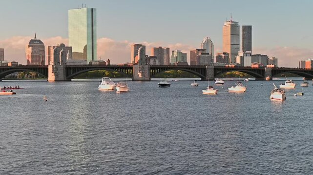 View of Boston in Massachusetts, USA showcasing the iconic Longfellow Bridge on a sunny morning by the Charles river. 