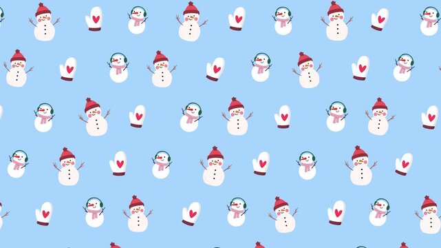 Winter seamless pattern background with snowman and mittens falling motion loop
