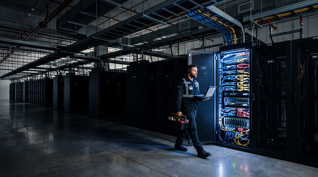 IT technician walking through a modern data center server room