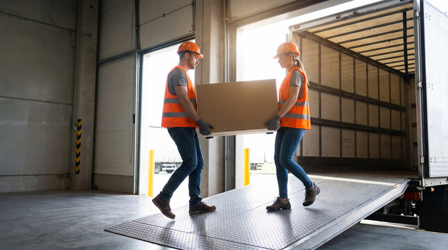 Two warehouse workers carry an oversized box up a loading ramp together