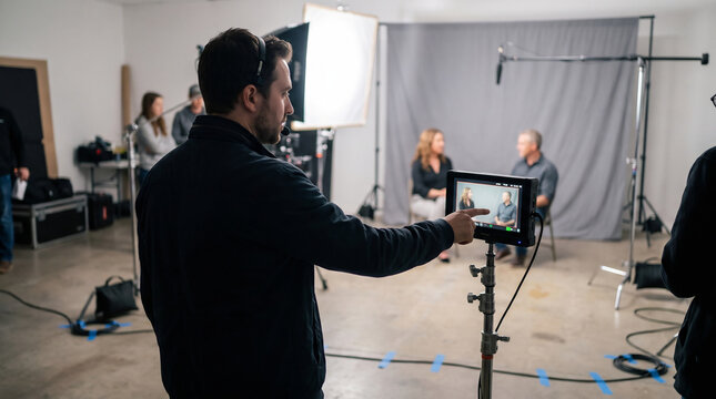 Video director checks two-shot framing on an external field monitor