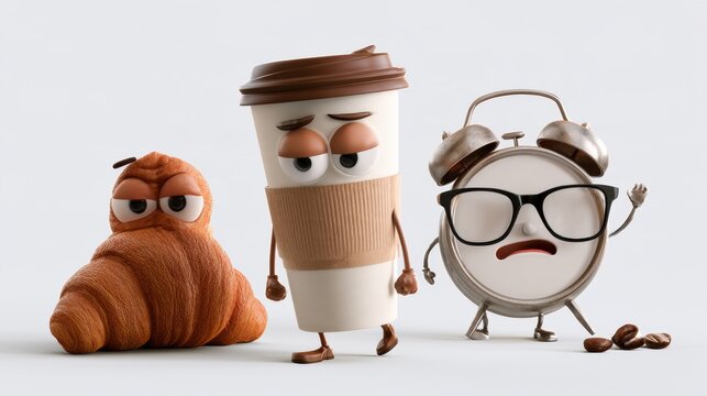 Food characters deal with the Monday morning struggle. Coffee cup drags itself to work with tired croissant nearby and alarm clock ringing.