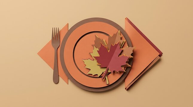 Autumn paper craft table setting featuring handmade leaves and tableware against beige background