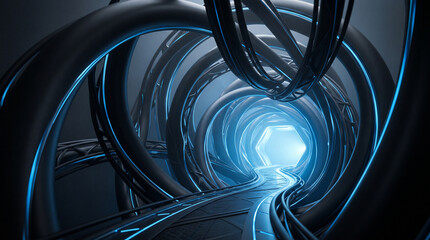 Obraz premium Spiral architectural corridor with glowing blue light rendered in 3d