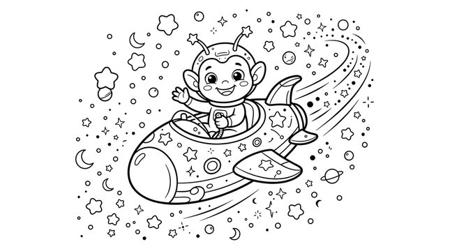 Cartoon monkey astronaut riding futuristic rocket through space with starry background