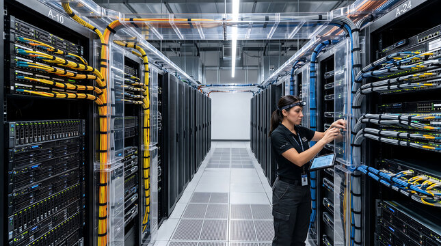 Female IT Technician Working on Server Racks in a Modern Data Center