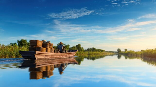 A serene river scene featuring a boat loaded with baskets, gliding through calm waters under a clear sky