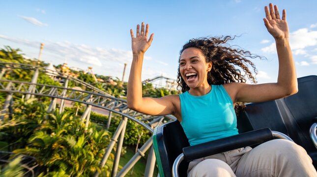 Mulher jovem e feliz com os bra&ccedil;os para cima gritando de emo&ccedil;&atilde;o em uma montanha-russa. Turista animada se divertindo no parque de divers&otilde;es em um dia ensolarado