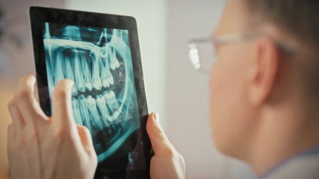 In a dental office, a dentist reviews a panoramic image of teeth on a tablet, analyzing the jaw and mapping out treatment. This digital workflow highlights precision and modern dental technology