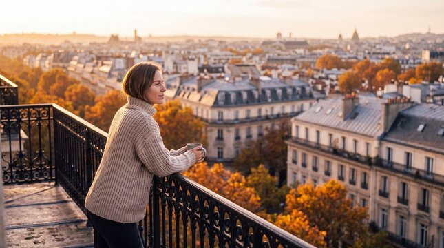 A wide shot captures a woman in a beige knit sweater leaning on a balcony rail during a golden sunset over the Paris skyline. The scene features soft autumn bokeh and warm lighting, perfect for travel
