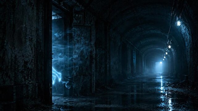 Glowing blue ghost figure emerging from a dark industrial tunnel with wet floor and moody lighting
