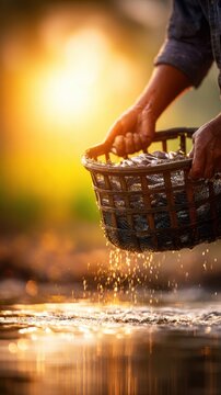 A person gracefully holds a basket over a shimmering stream, with sunlight glistening around