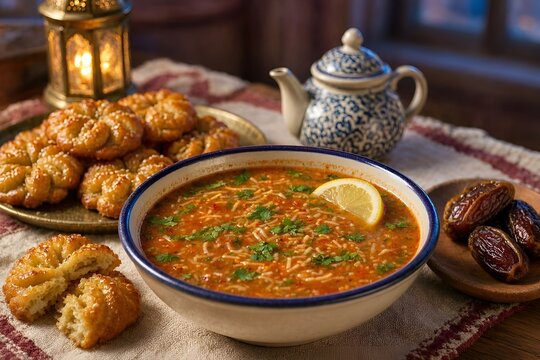 Traditional Moroccan Harira soup with lemon slice, dates, chebakia and teapot, Ramadan iftar meal, authentic North African cuisine