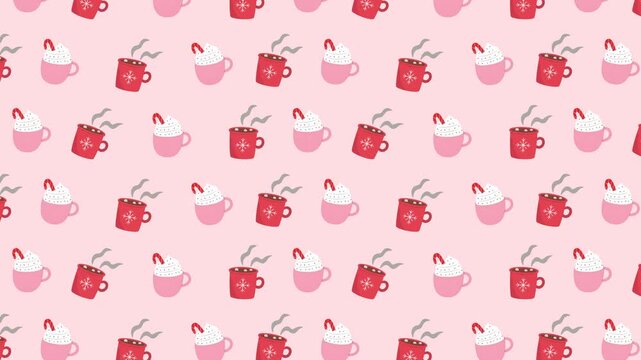 Winter seamless pattern background with hot cocoa cups and candy canes falling motion loop