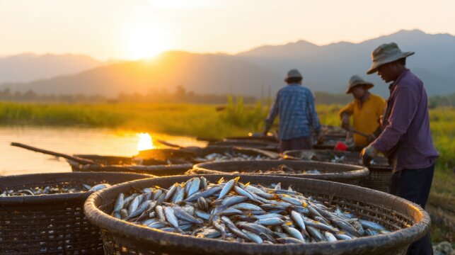 Fishermen gather at sunset, sorting baskets of fresh fish by the water's edge in a tranquil setting