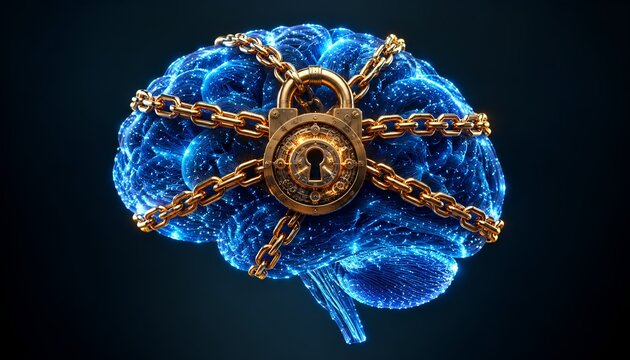 Digital Human Brain Secured with Gold Padlock and Chains