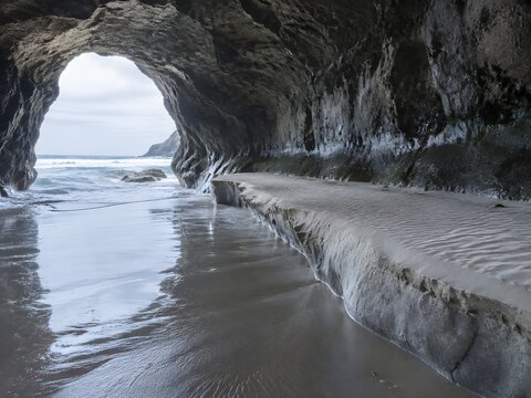 Raised shelf of pale dry sand along one wall of a wide sea cave with a smooth lip dropping to wet sand