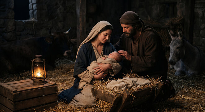 The Nativity Scene With Mary and Joseph and the Newborn Jesus in the Manger

