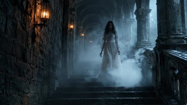 Ghostly woman in white dress walking down dark stone staircase in foggy haunted castle corridor