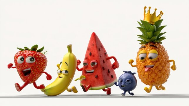 Cute 3D cartoon food characters are at the starting line for a race, with a strawberry sprinting and a banana slipping.