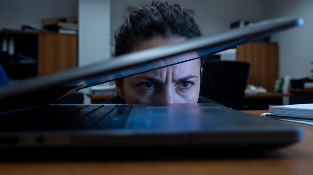 Woman peeking over laptop in dark office