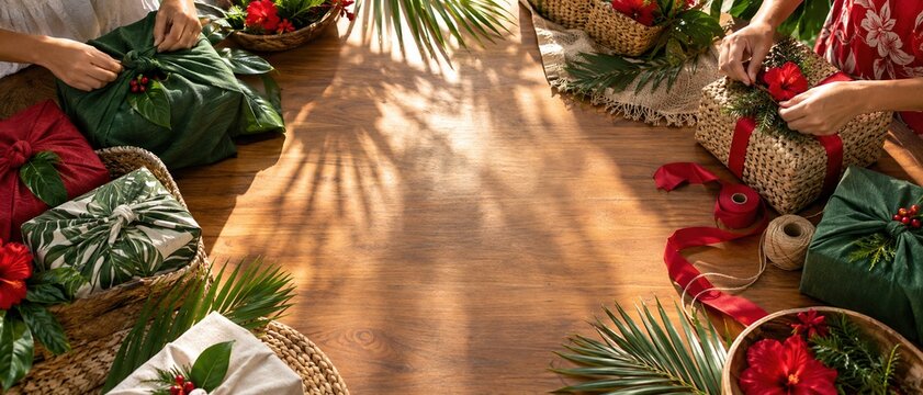 Tropical christmas gifts with reusable wrapping inspire joyful holiday preparation around sunlit wooden table