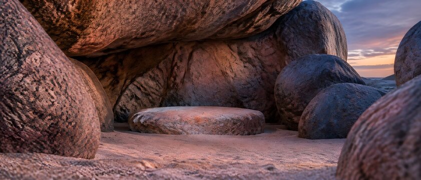 granite boulder alcove with flat sitting stone on upper beach
