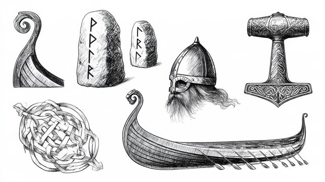 Hand drawn engravings of Viking symbols, including a longship, helmet, rune stones, and Thors hammer on a white background.