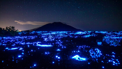 Fototapeta premium Magical Night Landscape with Bioluminescent Plants and Starry Sky Over Mountain