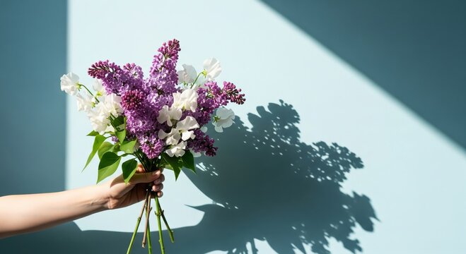 Hand Holding a Bouquet of Lilacs And White Sweet Peas on Light Blue Background