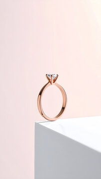 Minimalism Engagement Ring with Copyspace: Elegant rose gold engagement ring with solitaire diamond offering romantic love feeling