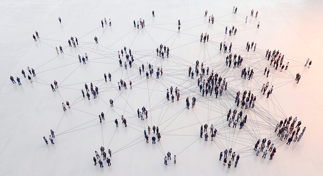 A vast network of miniature human figures connected by lines representing social communication and technological data. Concept of population data in a map.
