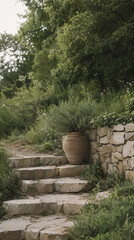 Fototapeta premium Rustic stone steps pathway in lush green garden with terracotta pot backdrop