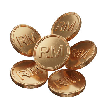3D Render Composition of Golden Malaysian Ringgit RM Coins Isolated on white background