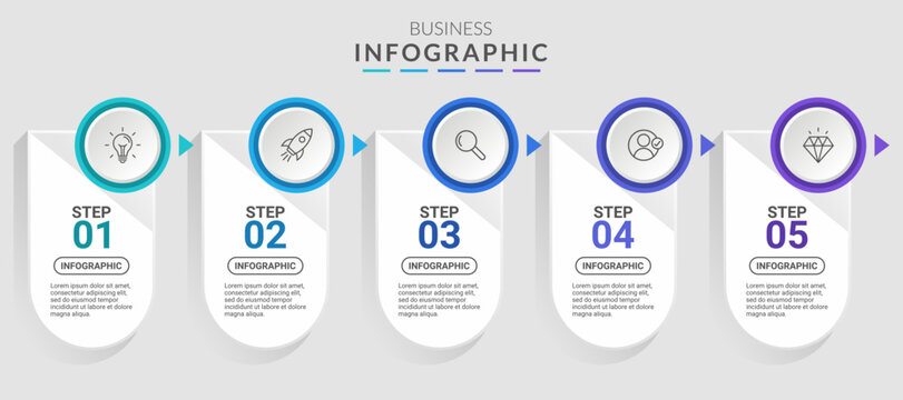 Modern 5-step horizontal business process timeline template featuring white vertical cards, top circular icon badges with color rings, connecting chevron arrows, and clean typography.