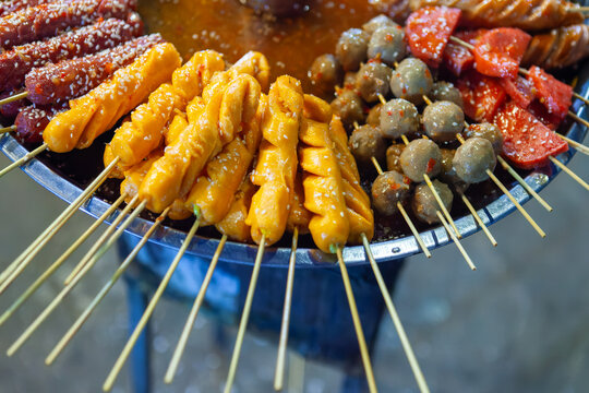 Colorful  skewers in a local market, khmer street food near Siem Reap, Cambodia