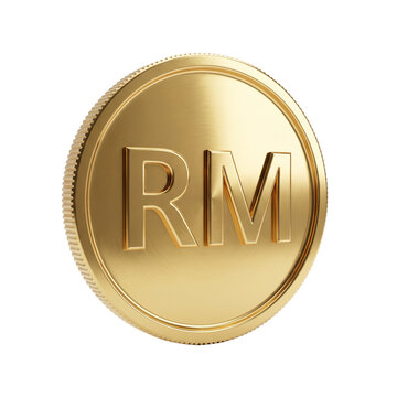 Single Golden Malaysian Ringgit RM Coin Close Up 3D Rendering Isolated