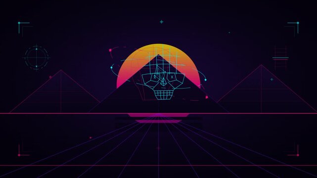 Retro futuristic synthwave animation with wireframe skull and pyramids