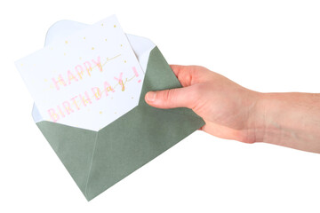 hand holding an open green envelope with a happy birthday card isolated on transparent background for festive party announcements, eco friendly event invitations, and greeting card designs © HeKy
