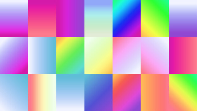 Grid of colorful gradient panes featuring vibrant rainbow hues, soft pastel transitions, and smooth color blends in a rectangular mosaic pattern