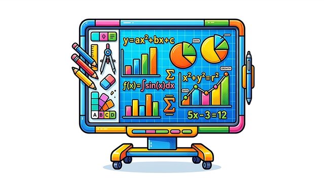 3D Pop Art Interactive Smart Board Displaying Math Formulas Charts and Geometry Tools for Online Education Isolated on White Background