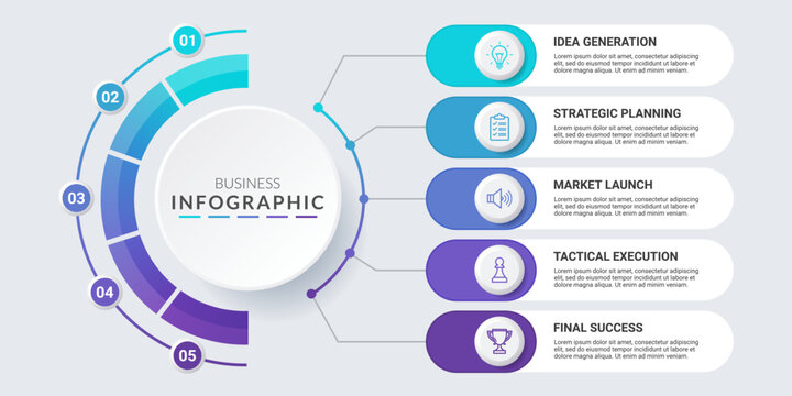 5-step semicircular radial business process workflow template. Features a multi-colored arc on the left connected by node lines to horizontal pill cards with monoline icons on a clean background.
