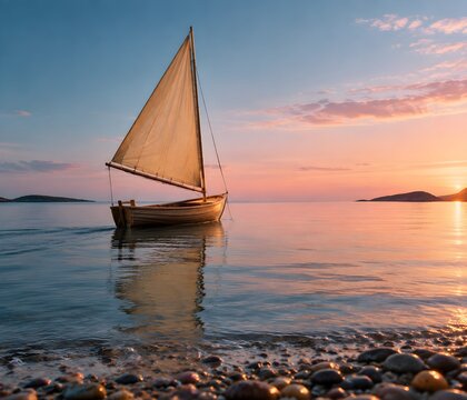 Small wooden dinghy with a tan gaff sail resting on glassy morning water with slack rigging