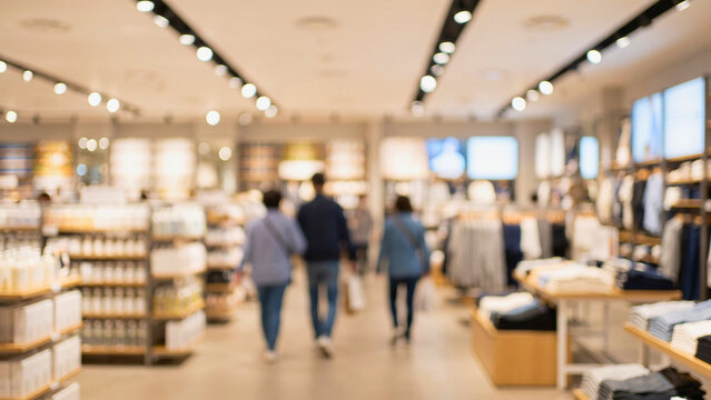 Blurred retail checkout background with defocused customers and cashier, warm interior light